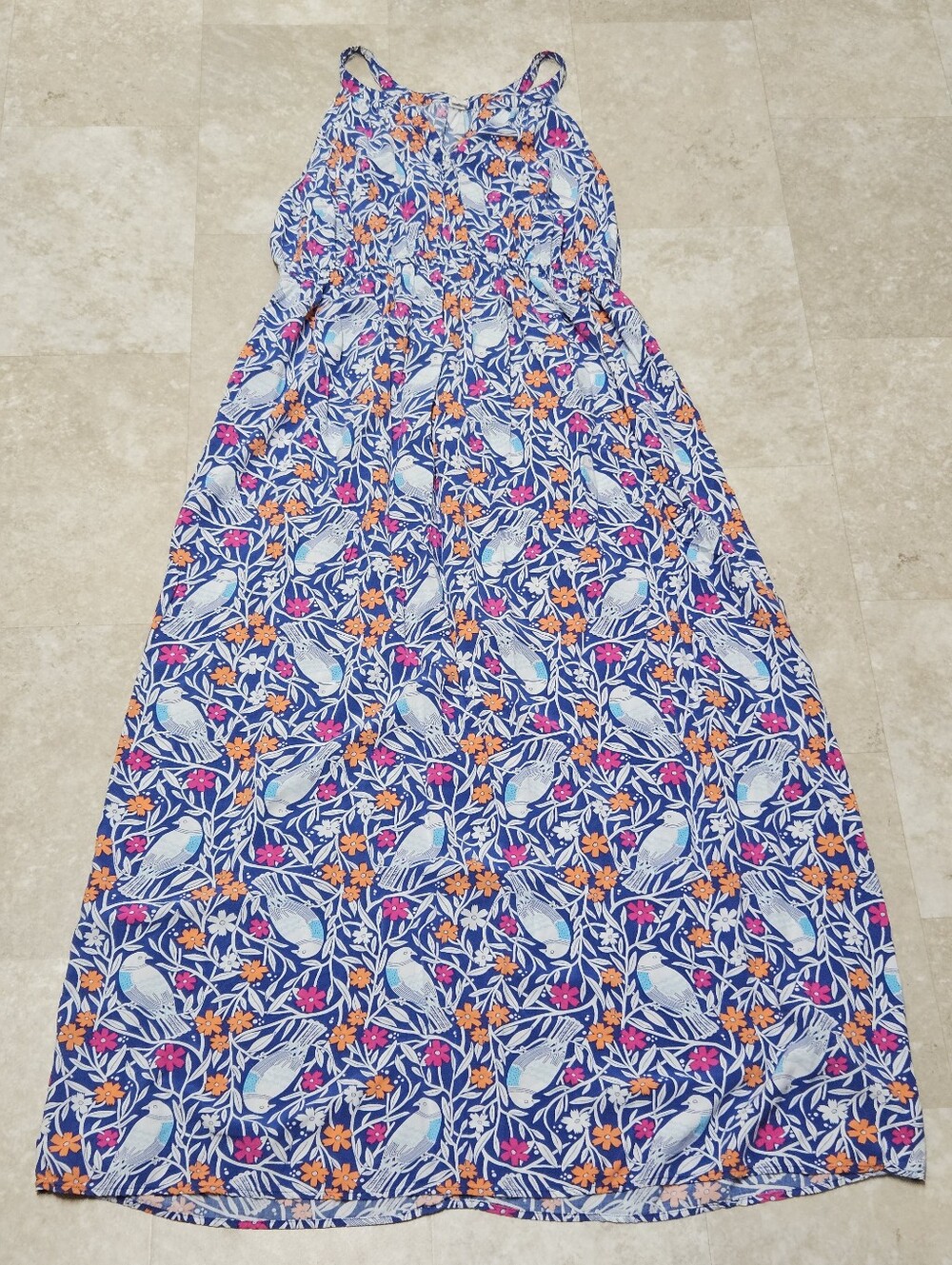 Old Navy Blue Floral Bird Print Sleeveless Maxi Dress XL Boho Summer Vacation